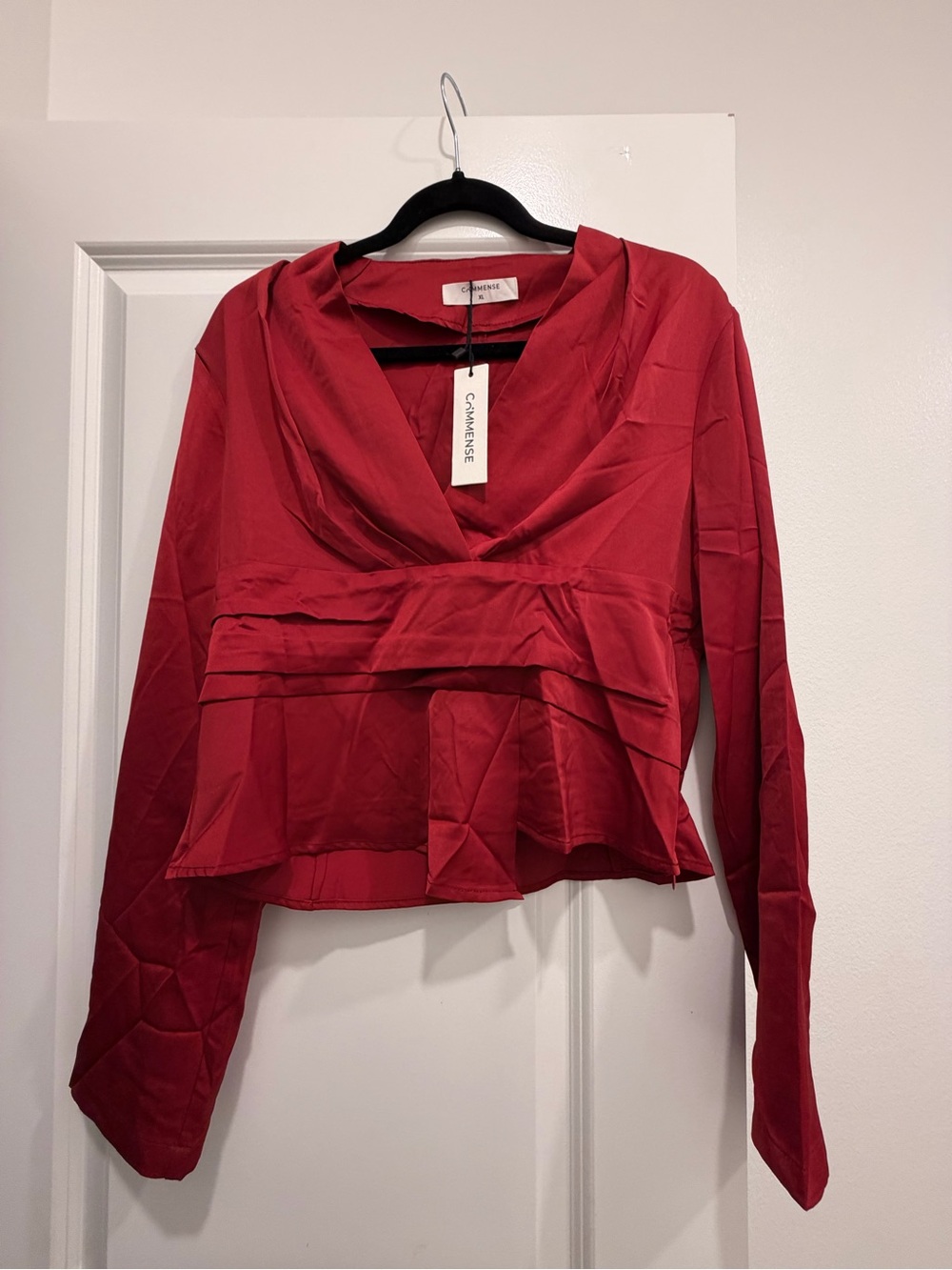 Commense Red Satin V-Neck Peplum Top